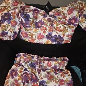 Fashion Nova White Floral Two-Piece Set with Purple, Pink & Orange Blooms